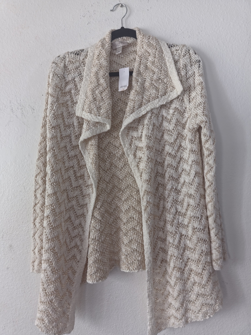 LOFT Cream Open-Front Textured Knit Cardigan Medium